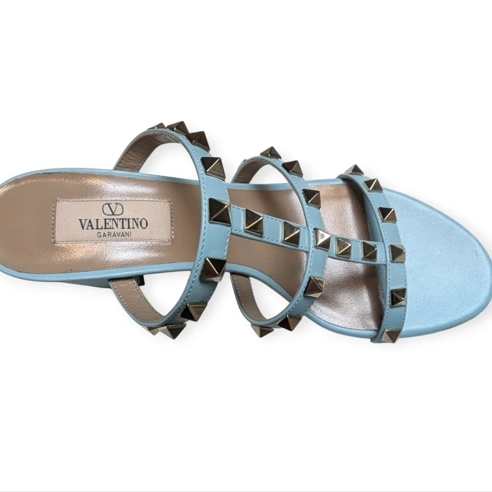 Valentino Garavani Rockstud 60 Caged Block-Heel Slide Sandals Size 7 Acquamarina - Picture 6 of 13